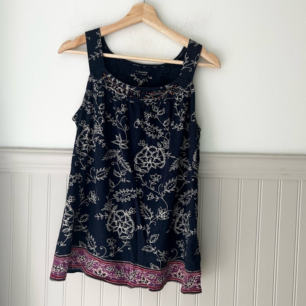 Y2K Sonoma Beaded Neckline Navy and Pink Floral Tank Top Size Small